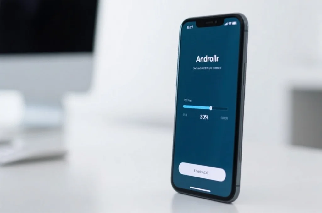 一部Android智能手机屏幕上显示应用安装进度条,背景为简洁明亮的办公桌